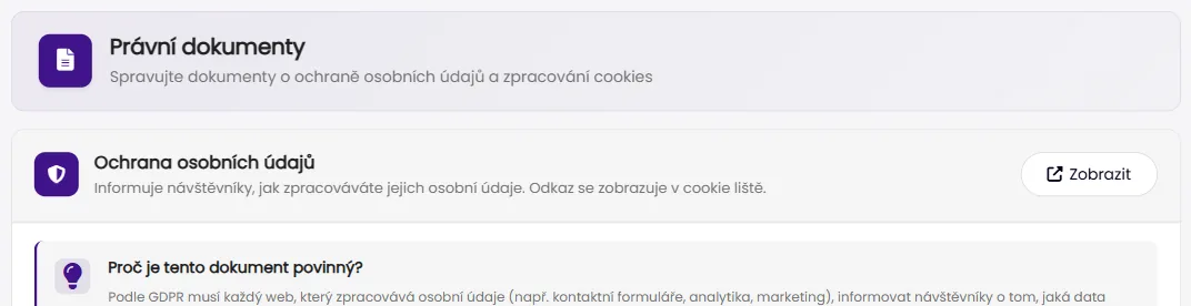 Správa právních dokumentů ve Waulter B2B zóně: zásady ochrany osobních údajů s automaticky generovaným obsahem