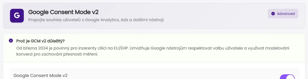 Nastavení Google Consent Mode v2 ve Waulter B2B zóně: zapnutý základní režim pro soulad s GDPR, modelování konverzí a remarketing
